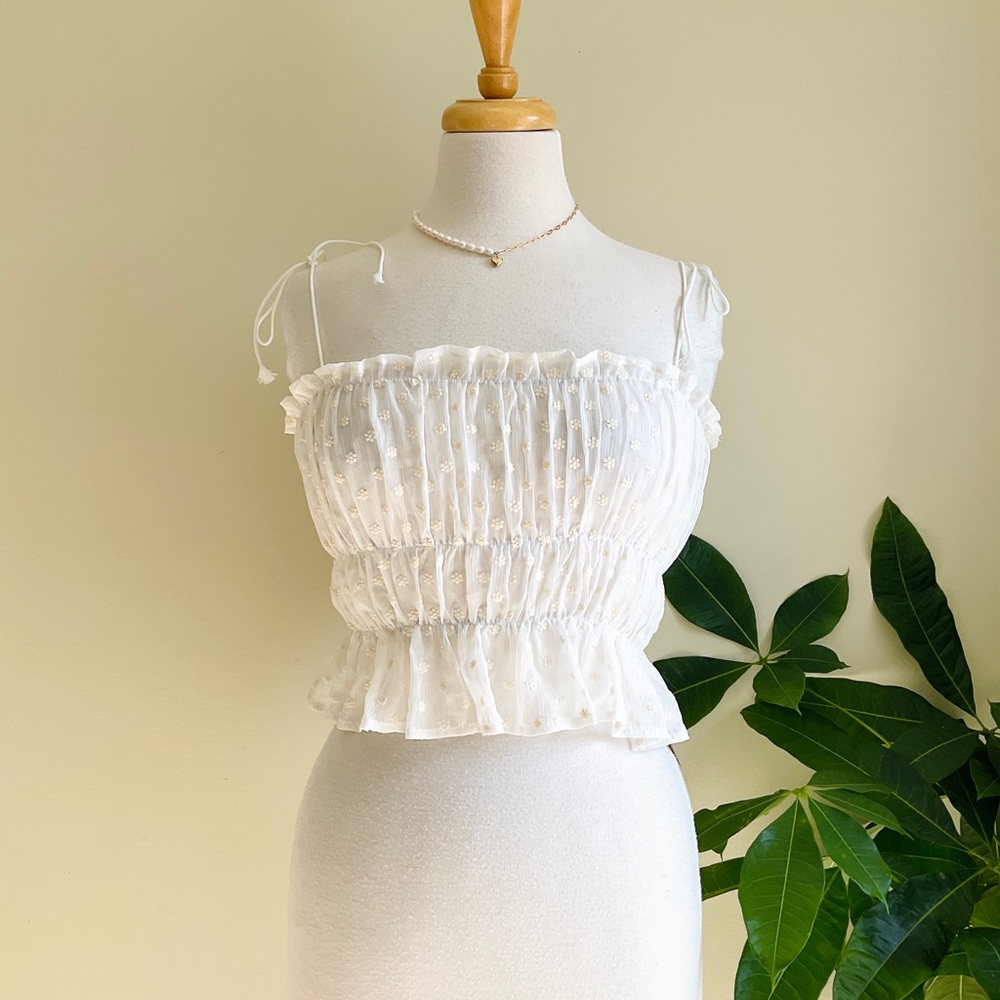 White Smocked Tie-Shoulder Ruffle Camisole